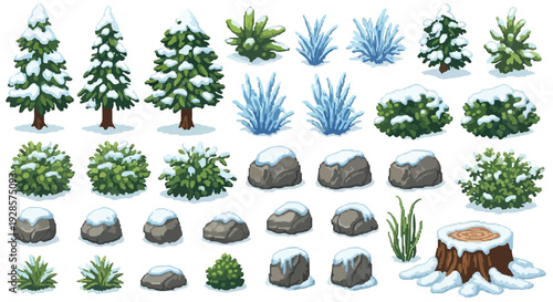 A diverse collection of isometric winter nature assets featuring snow-covered evergreen trees, bushes, rocks, tree stump, and frosted plants.