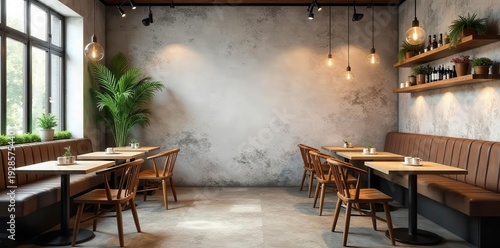 A modern coffee shop mockup with cozy seating areas, rustic wooden tables, and stylish decor, perfect for showcasing a trendy cafe design , ambiance, space