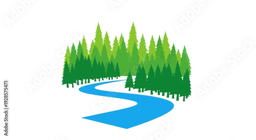 Winding River Through Dense Forest Trees.