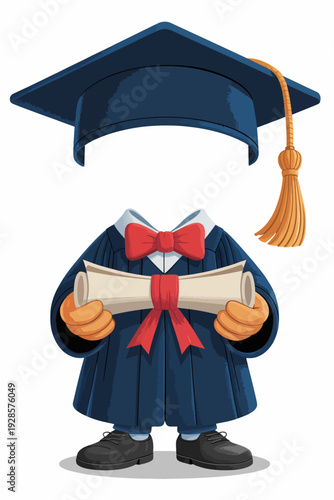 A cartoonish, headless figure boy wears a graduation gown and holds a diploma tied with a red ribbon.