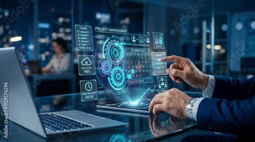 Businessman developing digital automation system and AI workflow optimization, Concept of process management, operational efficiency, business technology, and digital transformation strategy 