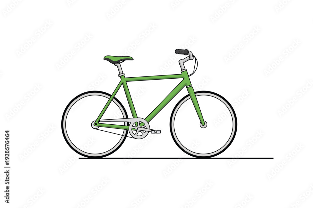 Fototapeta premium A green bicycle illustration showing frame wheels handlebars and pedals on a white background