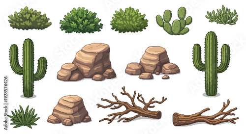 A collection of pixel art desert assets featuring various bushes, cacti, rocks, and dried wood elements for game environments.