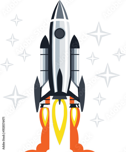 Stylized rocket ship illustration ascends amidst a field of sparkling stars and vibrant flames