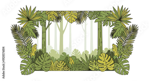 Tropical green palm tree leaves frame.