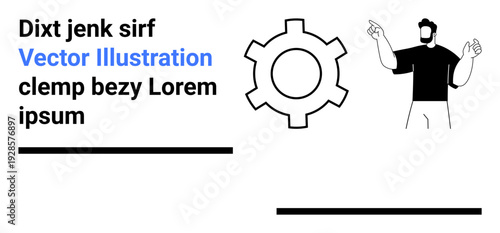 Gear symbol and pointing human figure paired with placeholder text. Ideal for technology, teamwork, concepts, strategy, communication, education, presentations, simple landing page