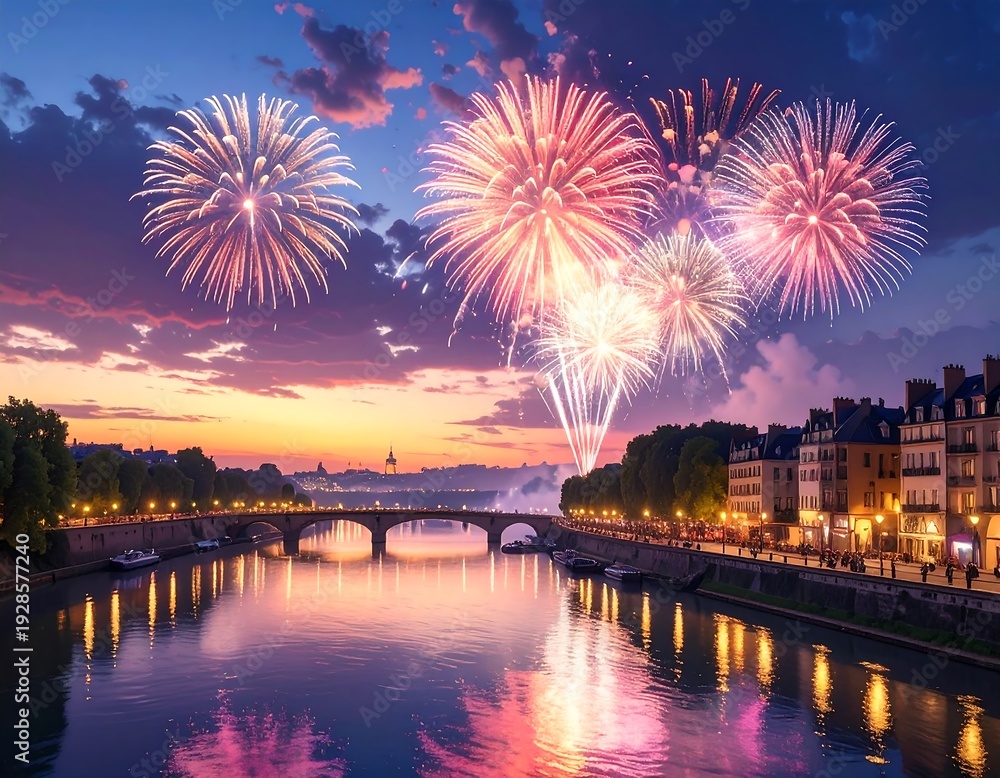 Fototapeta premium A serene river scene at sunset with vibrant fireworks exploding above