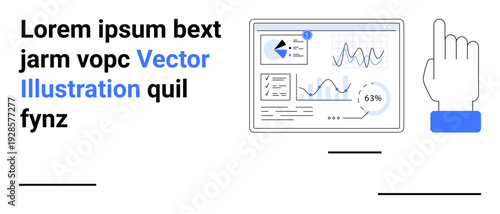 Data visualization, analytics, business intelligence, interaction design, user interface, information management. A hand points at a data dashboard with charts and percentages. Data visualization