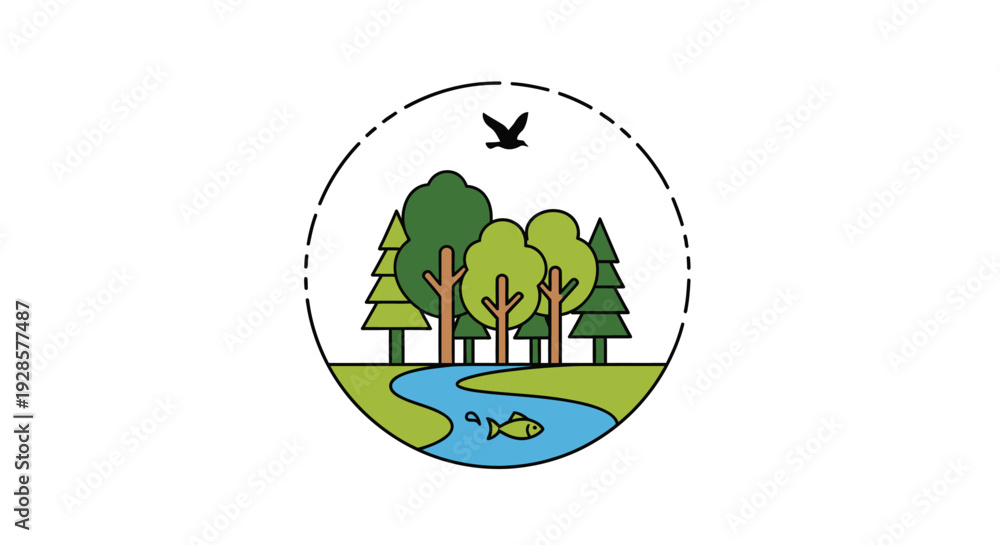 Naklejka premium Colorful illustration of trees and water.