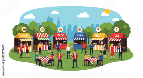 Modern vector illustration of summer outdoor food festival with street stalls, diverse visitors and picnic tables showcasing culinary culture and vibrant community lifestyle
