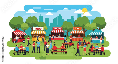 Modern vector illustration of summer outdoor food festival with street stalls, diverse visitors and picnic tables showcasing culinary culture and vibrant community lifestyle