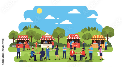Modern vector illustration of summer outdoor food festival with street stalls, diverse visitors and picnic tables showcasing culinary culture and vibrant community lifestyle