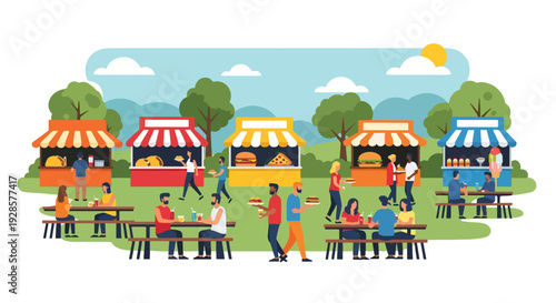 Modern vector illustration of summer outdoor food festival with street stalls, diverse visitors and picnic tables showcasing culinary culture and vibrant community lifestyle