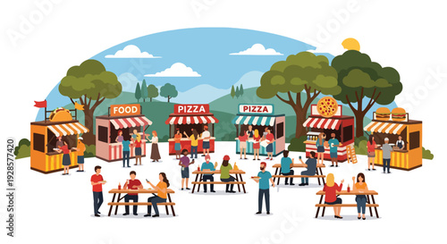 Modern vector illustration of summer outdoor food festival with street stalls, diverse visitors and picnic tables showcasing culinary culture and vibrant community lifestyle