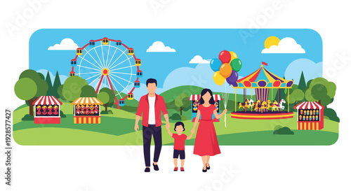 Modern vector illustration of summer carnival with ferris wheel, carousel and families enjoying rides representing joyful fairground tradition and seasonal celebration
