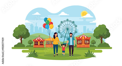 Modern vector illustration of summer carnival with ferris wheel, carousel and families enjoying rides representing joyful fairground tradition and seasonal celebration