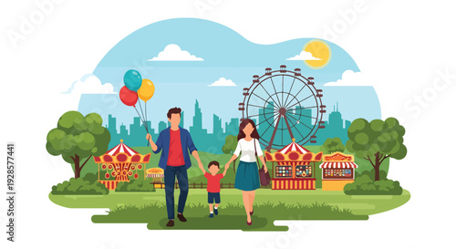 Modern vector illustration of summer carnival with ferris wheel, carousel and families enjoying rides representing joyful fairground tradition and seasonal celebration