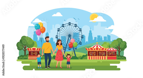 Modern vector illustration of summer carnival with ferris wheel, carousel and families enjoying rides representing joyful fairground tradition and seasonal celebration