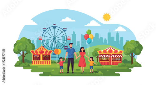 Modern vector illustration of summer carnival with ferris wheel, carousel and families enjoying rides representing joyful fairground tradition and seasonal celebration