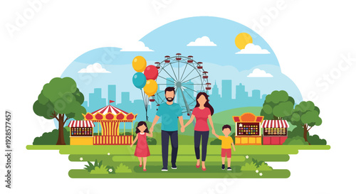 Modern vector illustration of summer carnival with ferris wheel, carousel and families enjoying rides representing joyful fairground tradition and seasonal celebration
