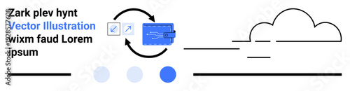 Credit card, circular arrows for process flow, abstract cloud, and dynamic elements. Ideal for finance, tech, cloud computing, security, payment processing data management simple landing page