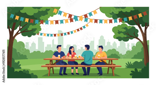 Modern vector illustration of summer beer garden with friends sitting at long tables under flags celebrating relaxed outdoor social lifestyle and seasonal festival culture