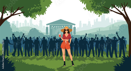 Modern vector illustration of confident stylish woman enjoying outdoor summer music festival with stage, crowd and vibrant atmosphere representing youthful lifestyle, fashion and celebration culture