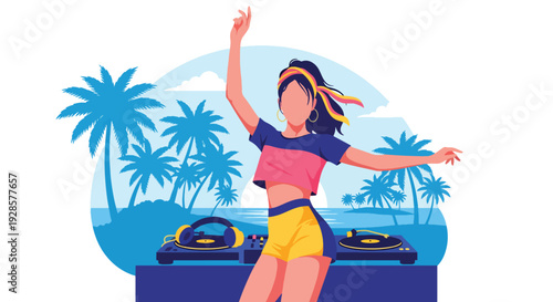 Modern vector illustration of fashionable woman dancing at summer beach festival near DJ stage and ocean representing nightlife energy, vacation lifestyle and vibrant celebration mood