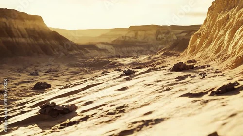 Vast desert canyon offers a barren landscape with dry, eroded rock formations and ridges under warm sunlight, creating a desolate and arid environment