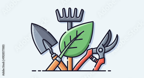 Gardening tools with green leaf.