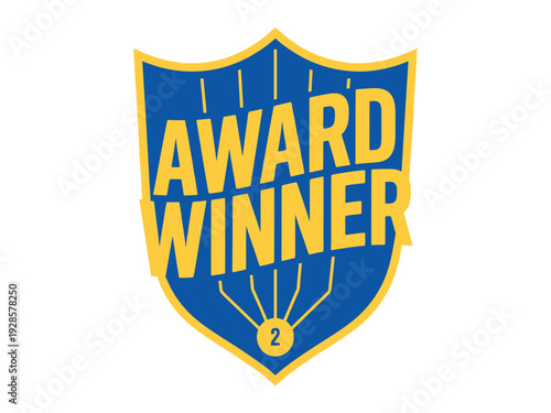Blue and yellow shield proudly declares the recipient as an award winning entity.