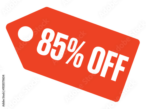 Eighty five percent off price tag illustration shows an angled red shape on white.