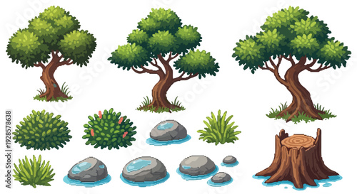 A collection of stylized pixel art natural assets including various trees, bushes, rocks in water, and a tree stump, suitable for game environments.