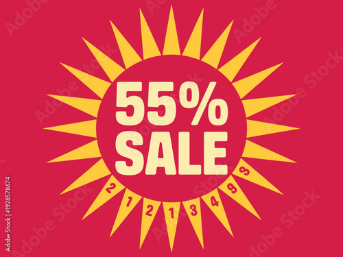 Fifty five percent sale announcement graphic features sunburst design on red.