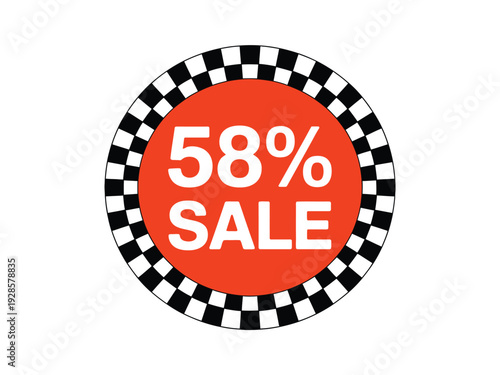 Fifty eight percent sale badge uses bright orange background and checkered border.