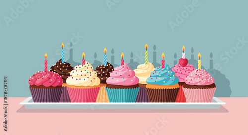 Colorful cupcakes with birthday candles icon