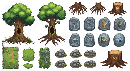This vector collection features stylized forest elements, including trees with roots and hollows, rune-carved stones, grassy patches, bushes, and rock formations.