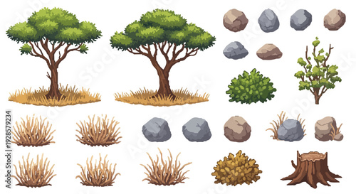 A vibrant vector collection of diverse outdoor elements, featuring green trees, various rocks, dry grass, a bush, and a tree stump on white.