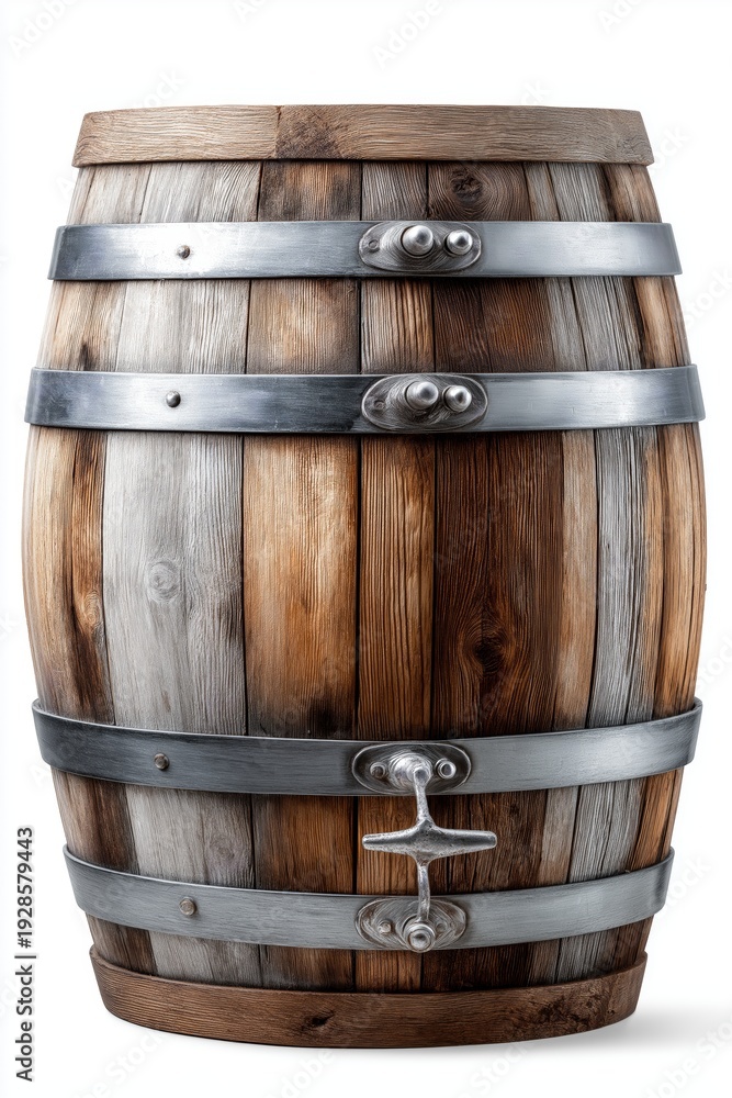 Obraz premium Wooden barrel with metal rings close up showing rustic texture craftsmanship tradition and natural material detail in vintage industrial style