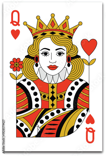 Heart Suit Playing Cards Row, playing card King Queen Jack series with ornate back design, casino game vector illustration.