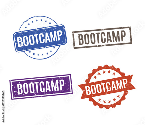 Collection of colorful bootcamp rubber stamps in blue purple grey and orange for training programs