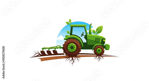 Green Tractor Plowing Farm Land.