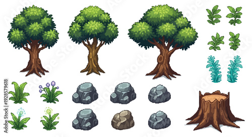 A vibrant vector assortment of natural game assets including three stylized trees, various plants, colorful flowers, grey rocks, and a sturdy tree stump.