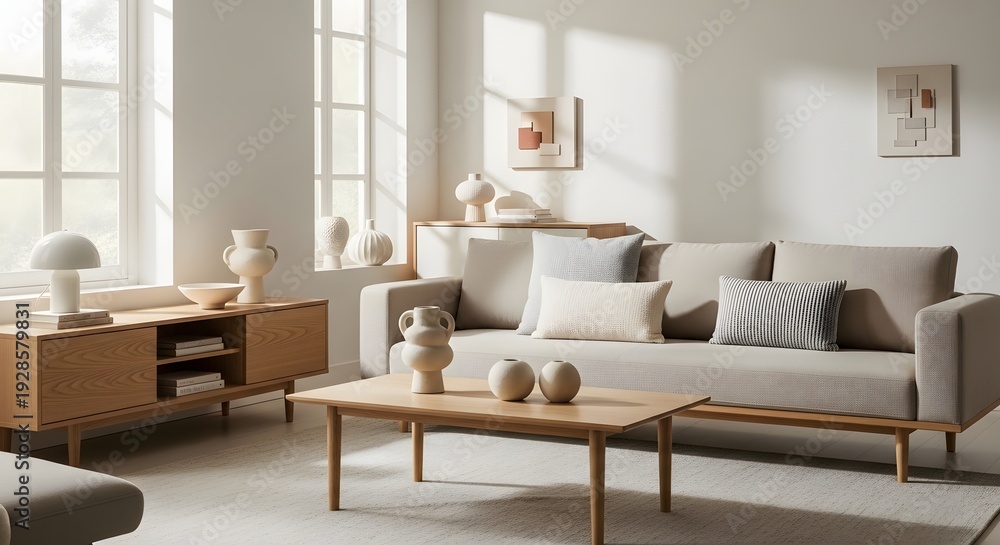 Fototapeta premium Japandi Scandinavian Living Room Interior – Neutral Minimalist Nordic Design with Natural Light and Modern Aesthetic