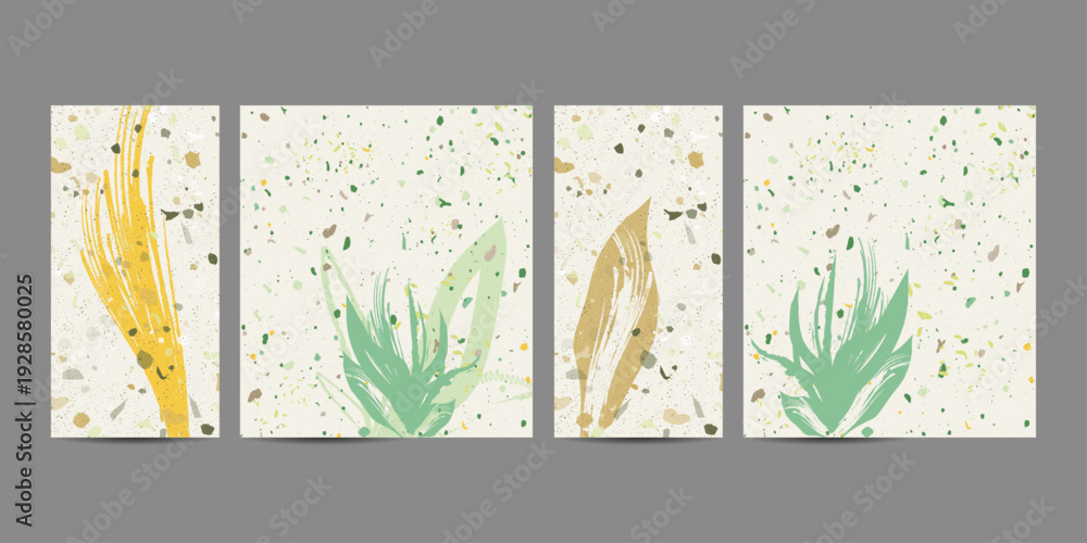Naklejka premium Simple flowers leaves comfortable paint brush soothing pastel muted pale calm tones card templates set. Collection of romantic invitations