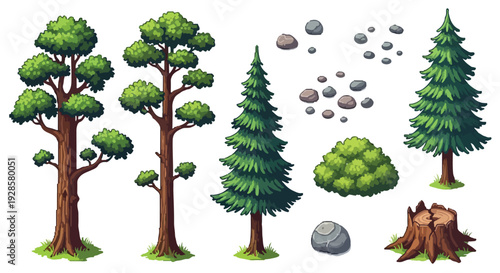 A stylized vector illustration showcasing various isolated forest elements such as deciduous and coniferous trees, a bush, rocks, and a tree stump.
