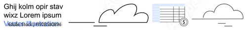 Cloud computing, data storage, technology, business solutions, digital services, modern connectivity. Minimalistic line art clouds and a grid icon. Cloud computing and data storage concept