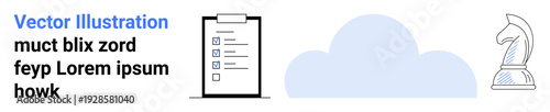 Business planning, cloud computing, data storage, strategic thinking, project management, decision making. A checklist, a cloud and a chess piece. Business planning and cloud computing concepts