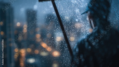 Worker cleaning window glass with cloth in city background. AI generated image