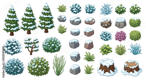 A varied set of cartoonish, snow-covered natural elements such as pine trees, bushes, rocks, and tree stumps, alongside different plant types, suitable for winter game design.